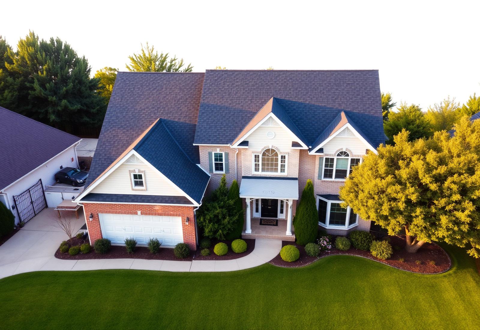 Aerial view of a suburban home with a new architectural shingle roof